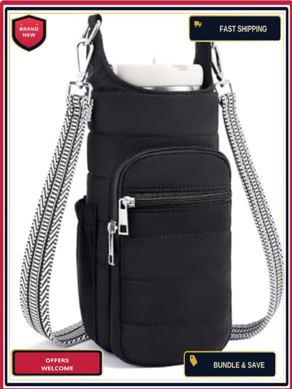 Insulated Water Bottle Crossbody Bag Fits 20-40 oz Nylon Carrier Purse